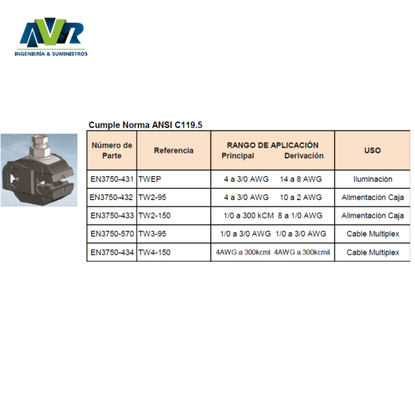 CONECTOR PERFORACIÓN DE AISLAMIENTO PARA DERIVACIÓN, REF: TW2-95, MARCA: TE - Imagen 2