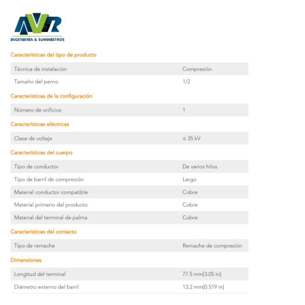 CONECTOR DE COMPRESION #1/0-1/2-U, REF: TCTL-1/0-1/2-U, MARCA: TE - Imagen 2